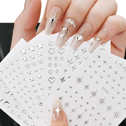 Metallic Silver 3D Star Chain Heart Nail Stickers 6 Sheets Self Adhesive Decals Professional Salon DIY Gel Nail Art Supply