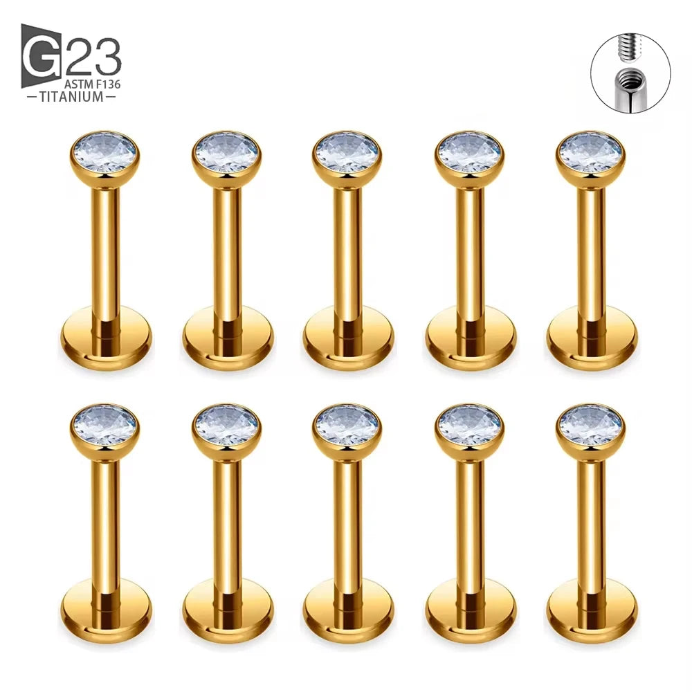 10Pc/50Pc G23 Titanium Labret Studs – Square CZ Stone Cartilage, Tragus, and Lip Piercing, Threaded Body Jewelry