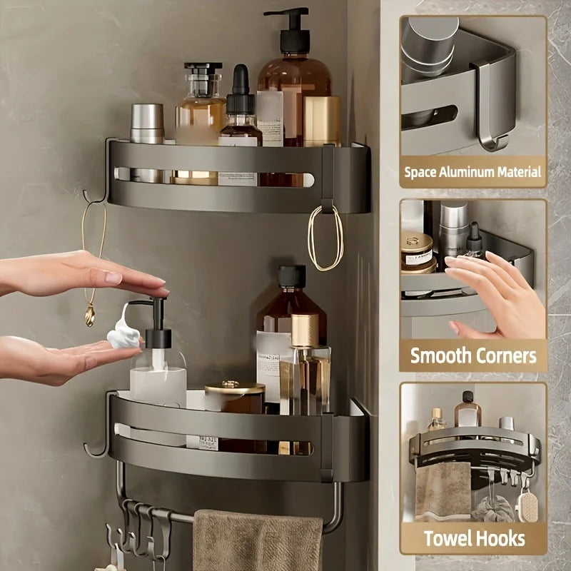1pc Non-Drill Aluminum Bathroom Storage Rack - Wall Mounted Corner Rack Used For Storing Bathroom Shampoo Shower Gel Cosmetics