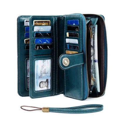 Unisex RFID Blocking Vintage Waxed Leather Long Wallet Large Capacity Zipper Clutch Multi Slots Card Coin Hand Purse