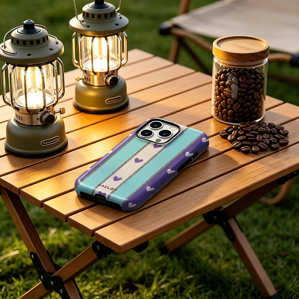 Purple Tone Stripe Heart Bumper Case Dual Layer for iPhone 17 16 15 14 Plus 13 Pro Max Shockproof Hard PC Cover