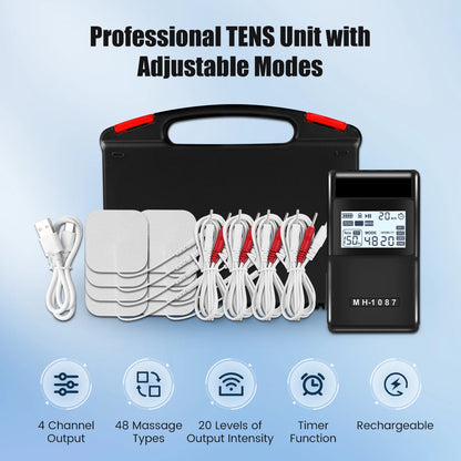 Digital TENS Unit Machine 4-Channel Tens Electrostimulator Rechargeable Body Muscle Stimulator with 20 Intensity for Pain Relief