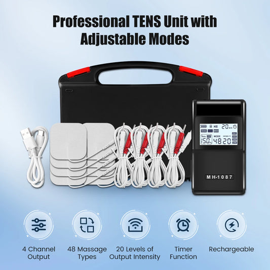 Digital TENS Unit Machine 4-Channel Tens Electrostimulator Rechargeable Body Muscle Stimulator with 20 Intensity for Pain Relief