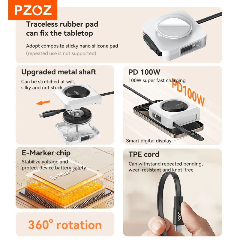 PZOZ For retractable usb c to type c Lightning micro fast charging cable iPhone 17 16 15 13 11 pro max 100W charger cable