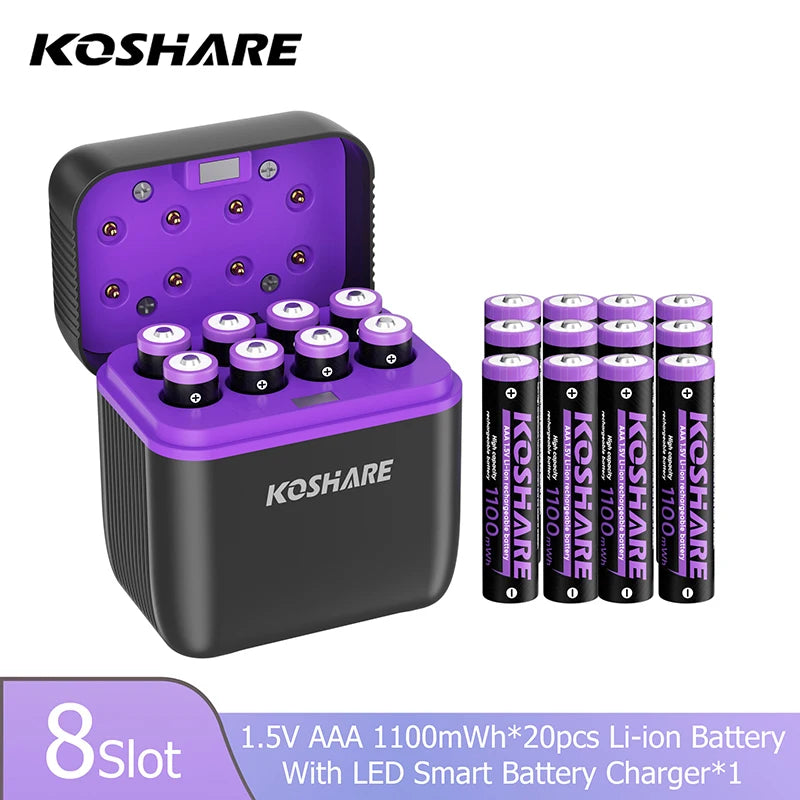 KOSHARE 1.5V AA 4255mWh AAA 1100mWh Rechargeable Lithium Battery Charger Set  With LED Indicator Arc-look Fast Charging Case