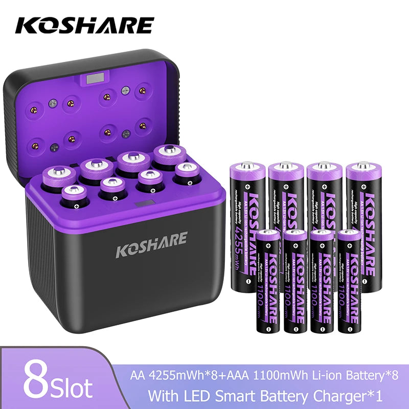 KOSHARE 1.5V AA 4255mWh AAA 1100mWh Rechargeable Lithium Battery Charger Set  With LED Indicator Arc-look Fast Charging Case