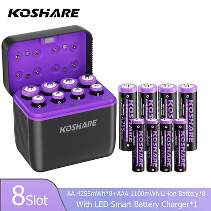 KOSHARE 1.5V AA 4255mWh AAA 1100mWh Rechargeable Lithium Battery Charger Set  With LED Indicator Arc-look Fast Charging Case