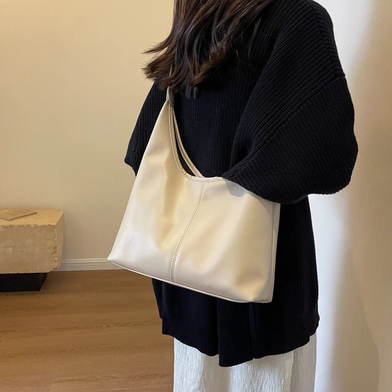 Women Hobo Bag Simple PU Leather Solid Shoulder Bag Fashion Large Capacity Tote Handbag Slouchy Underarm Bag