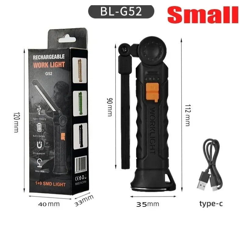 COB LED Work Light USB Rechargeable Magnetic Flashlight Super Bright Folding Lantern for Camping Emergency Car Repair with Hook