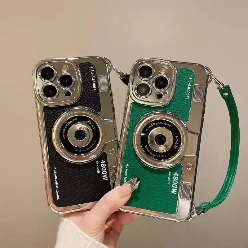 Fashionable Retro Camera Phone Case For iPhone 17 16 15 14 13 12 Pro Max Plus with Wrist Strap Protective Case