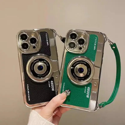 Fashionable Retro Camera Phone Case For iPhone 17 16 15 14 13 12 Pro Max Plus with Wrist Strap Protective Case