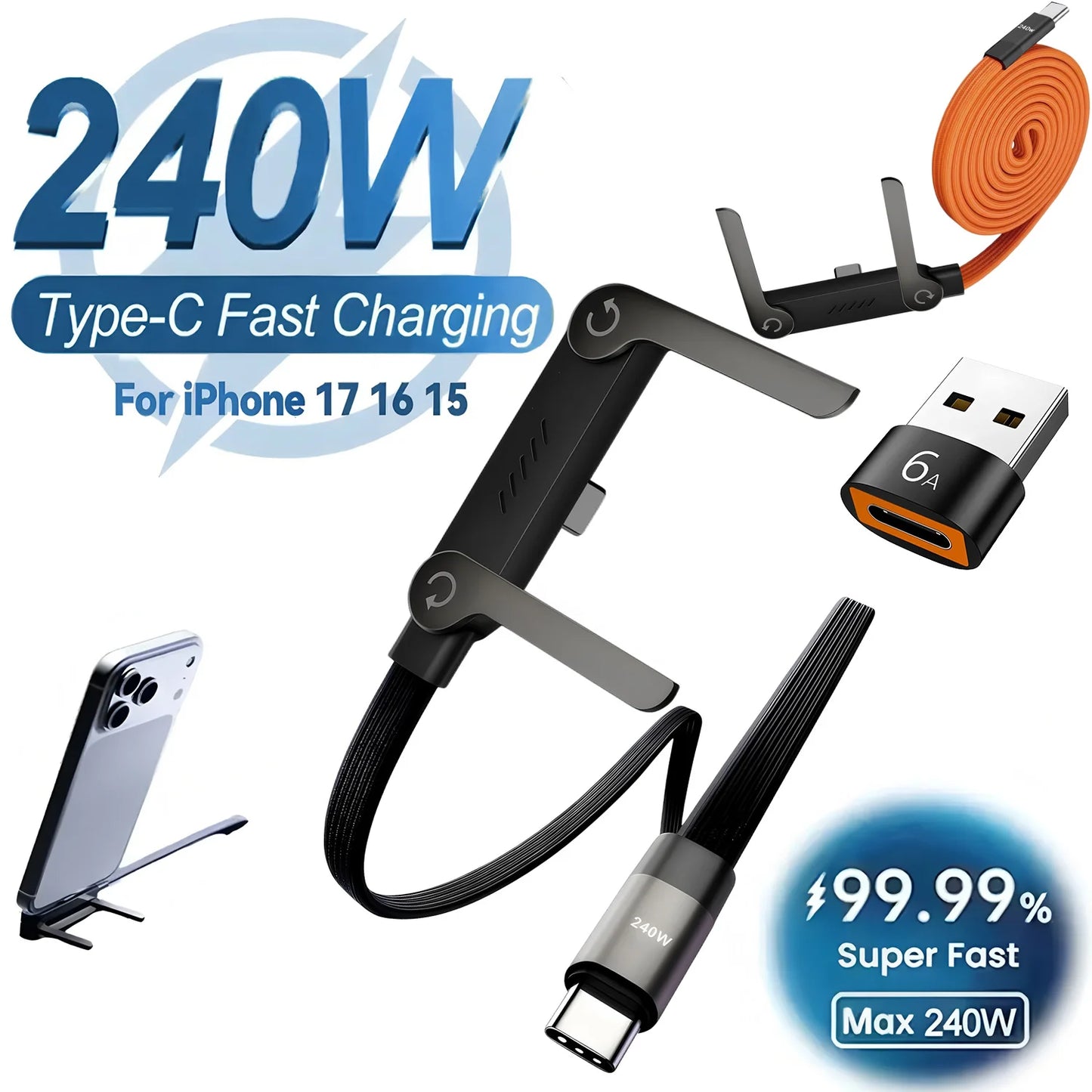 240W Super Fast Charging Data Cable 2-in-1 Folding Stand For IPhone 15-17 For Android Holder Charger Cable C To C, USB To C