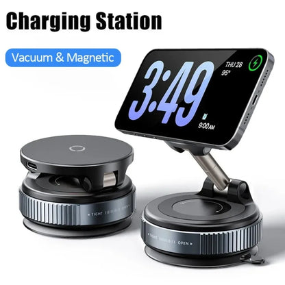 Car Magnetic Wireless Charger Phone Holder & 360° Rotation Vacuum Suction Cup Stand For iPhone 16 15 14 13 12 Fast Charging Dock