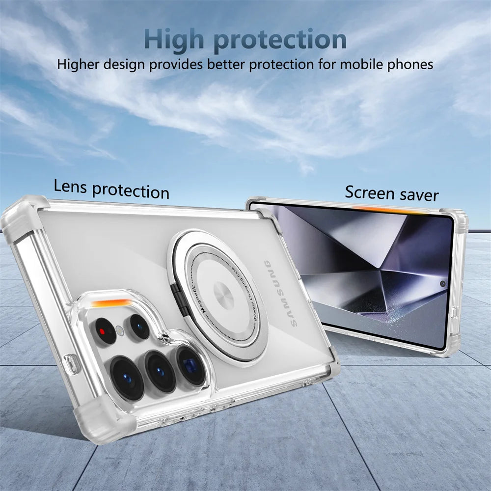 Rotating Magnetic Folding Stand Transparent Phone Case for Samsung S26 S25 Edge S24 S23 Plus FE S21 Ultra Armor Shockproof Cover