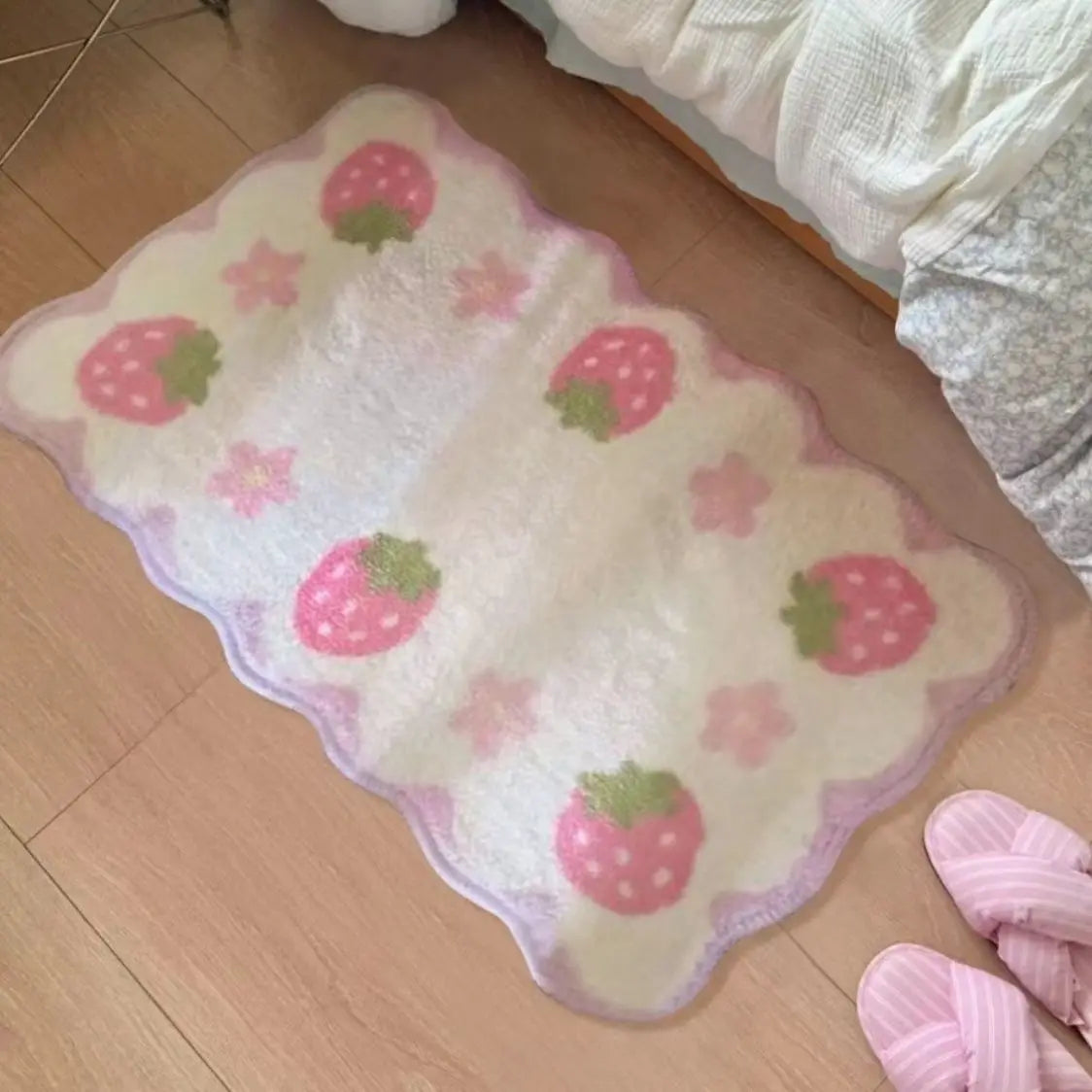 VIKAMA Sweet Strawberry Floor Mat, Bedroom Bed Plush Anti-Slip Carpet, Wardrobe Room, Home Decoration, Living Room Carpet