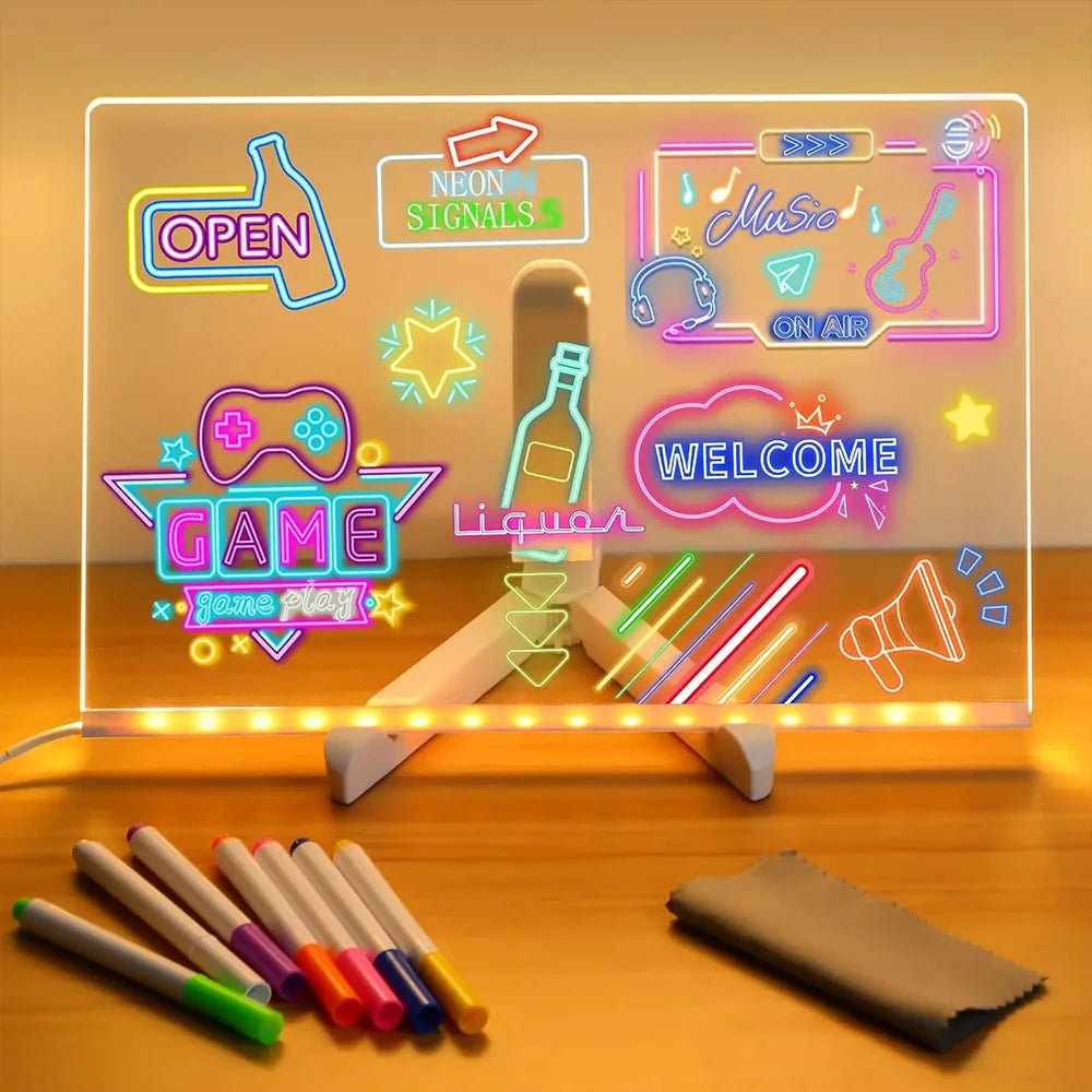 LED Note Board DIY Acrylic Night Light 7 Pens Drawing Board Rechargeable RGB Erasable Painting Drawing Boards Kids Birthday Gift