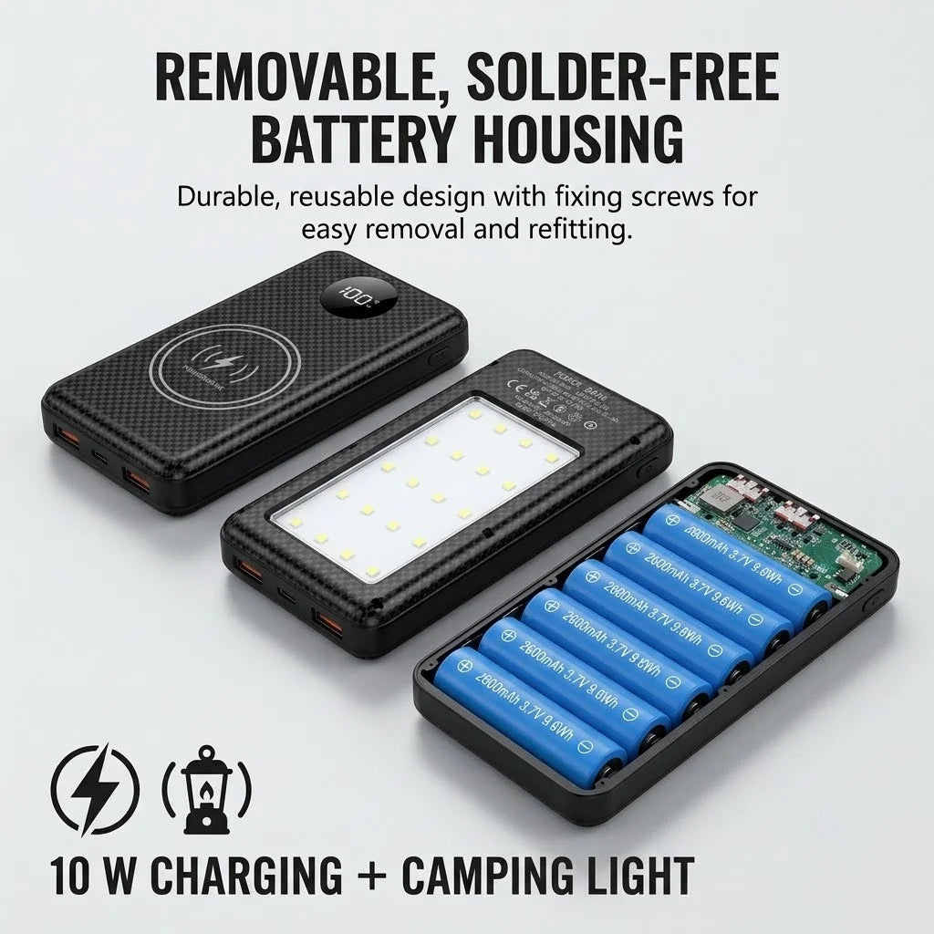 6×18650 Battery Storage Box DIY Power Bank Shell Dual USB-C Output Portable Charging Holder Built-in Camp Light for Mobile Phone