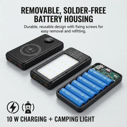 6×18650 Battery Storage Box DIY Power Bank Shell Dual USB-C Output Portable Charging Holder Built-in Camp Light for Mobile Phone