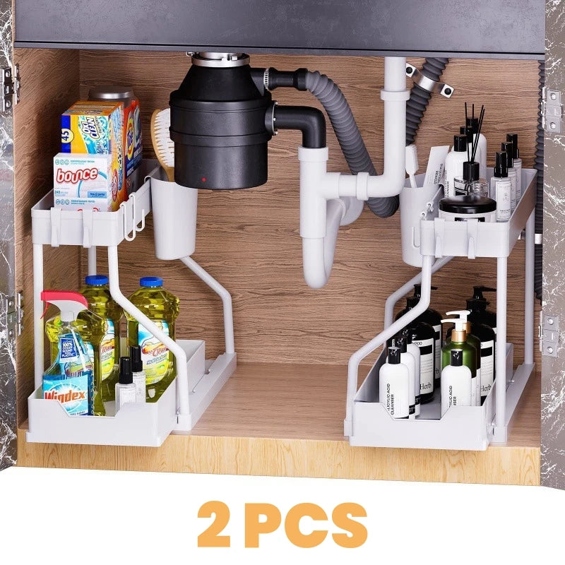Space-Saving Organizer Shelf 2-Tier Pull-Out Storage Organizer Durable Large Capacity Drawer for Kitchen and Bathroom Essentials