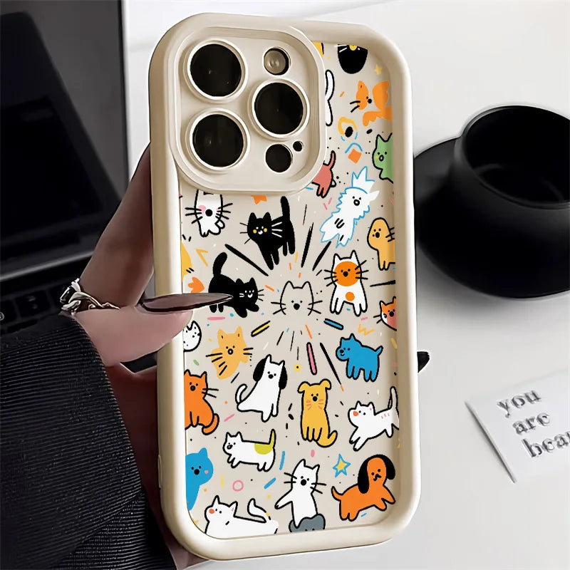 Painted Phone Case for Apple iPhone 17 16 15 14 13 12 11 Pro Max 7 8 Plus SE Air Cases Minimalist Cartoon Animals Doodle Style