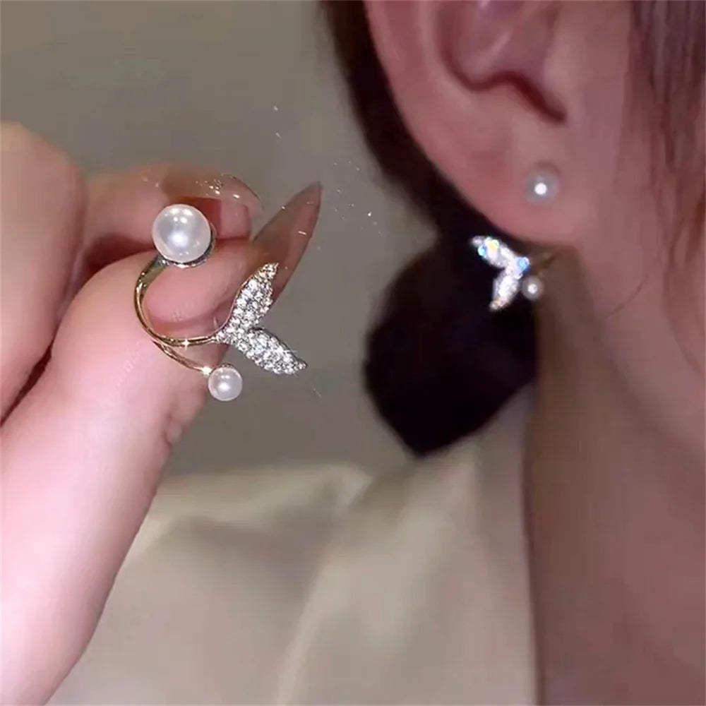 Korean Shiny Crystal & Pearl Stud Earrings – Handcrafted Rhinestone Flower & Heart Design for Women