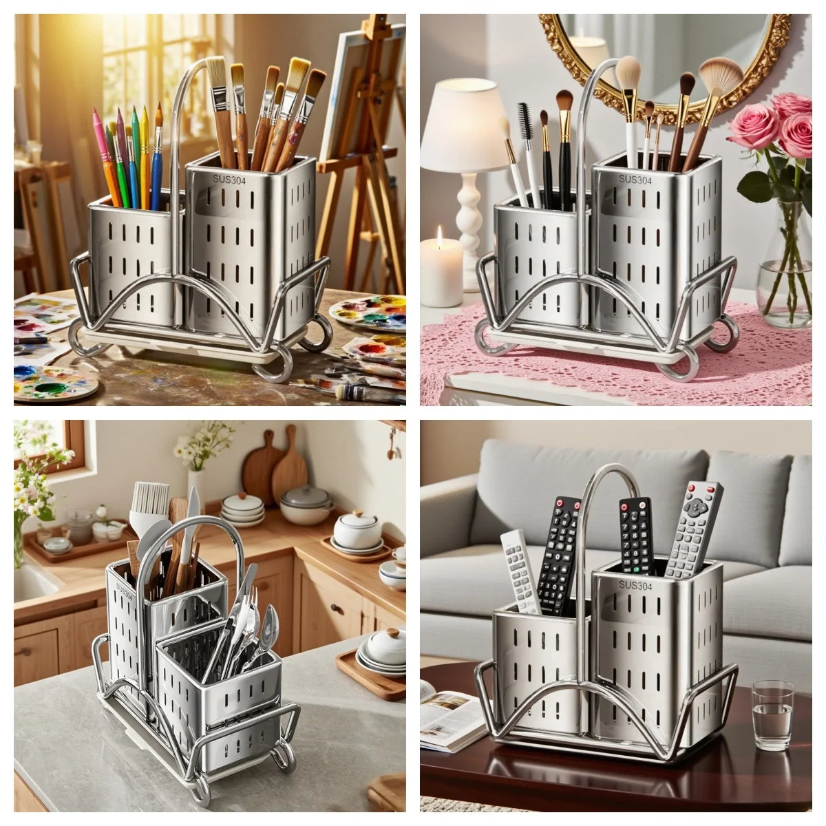 Kitchen Cutlery Organiser, Stainless Steel Utensil Holder for Spoon Fork Knife, Multifunctional Desktop Tableware Storage Rack