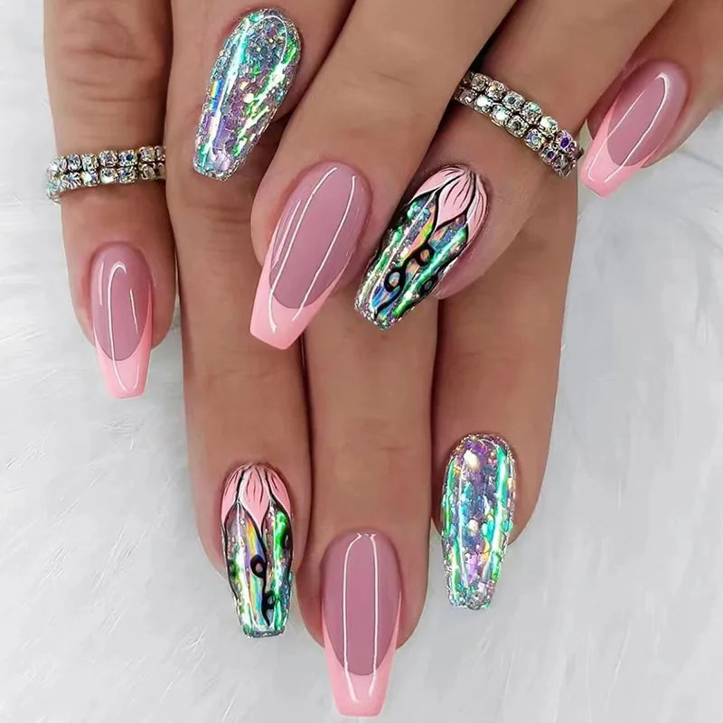 24pcs Simple French Press on Nails Tips Love Stripe Design Short Square False Nails Woman Acrylic Full Cover Nail Art Fake Nail