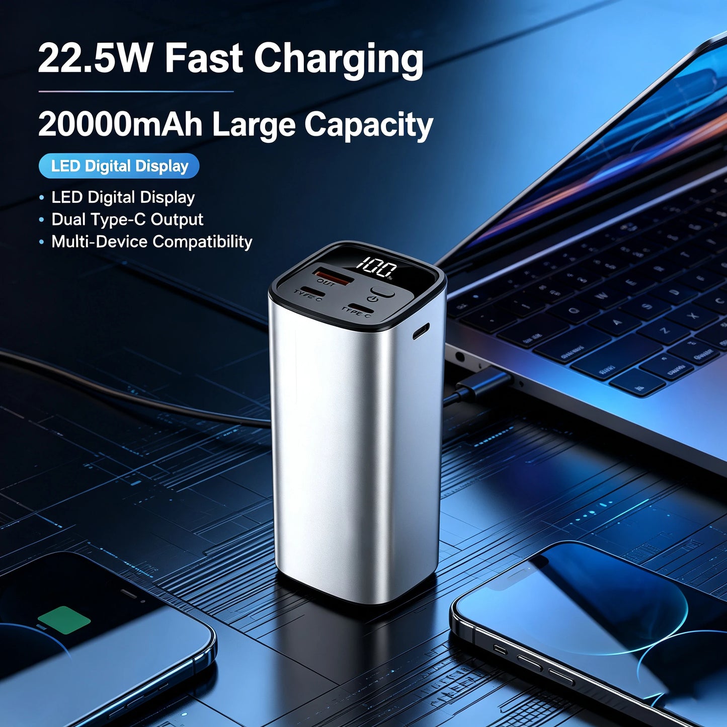 22.5W PD QC Fast Charge Aluminum DIY Power Bank Case Digital LED Display 4x21700 Battery Portable Charger DIY Module No Battery