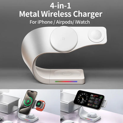 Wireless Charger Stand Metal Shell Magnetic 15W Fast Charging Station Stand for iPhone 12-17 Mobile Phones  Airpods Watch 4 in 1