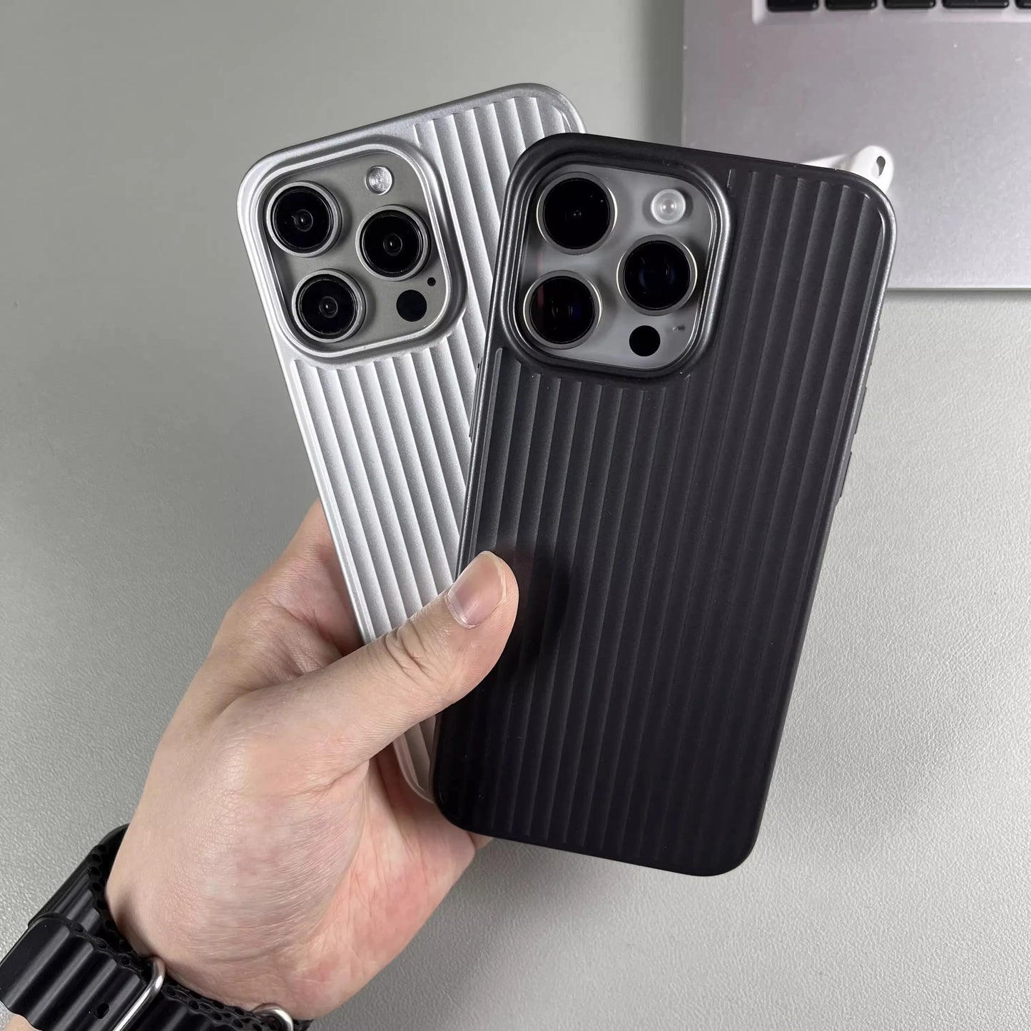 Natural Titanium Grating Stripe Pattern Phone Case for iPhone 16 14 15 13 Pro Max Plus Metal Button Shockproof Hard Armor Cover