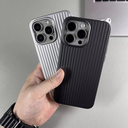 Natural Titanium Grating Stripe Pattern Phone Case for iPhone 16 14 15 13 Pro Max Plus Metal Button Shockproof Hard Armor Cover