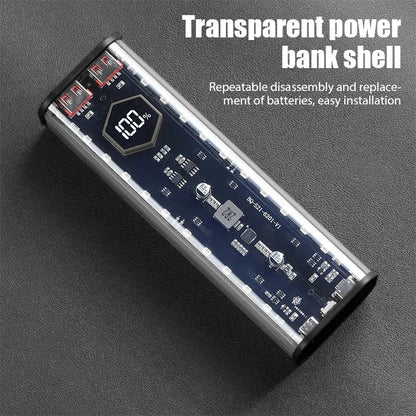 Transparent 4-Port 22.5W Fast Power Bank Solder-Free 4-Cell 21700 Battery Case Portable PD Battery Storage Box with OutdoorLight