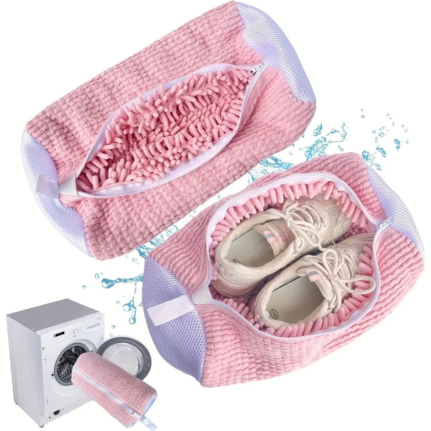 Machine washable shoe washing and drying bag, soft fiber—durable polyester shoe cover, adjustable shoelaces, durable shoe washin