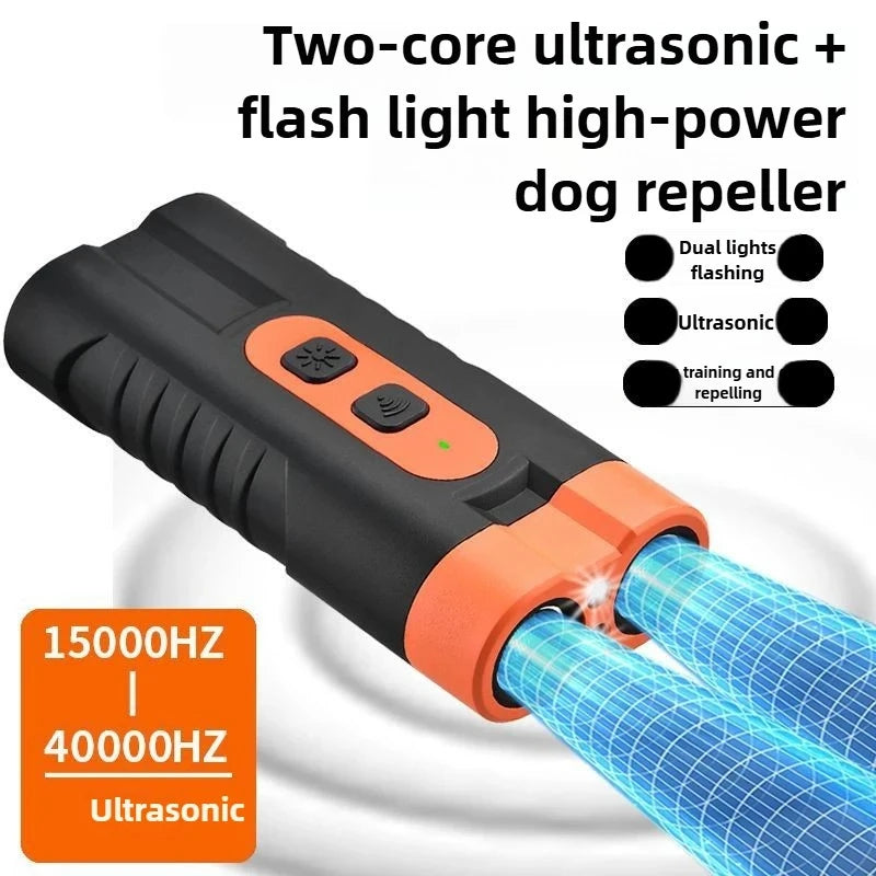 Dual Head Ultrasonic Dog Repeller & Trainer with LED Flashlight
