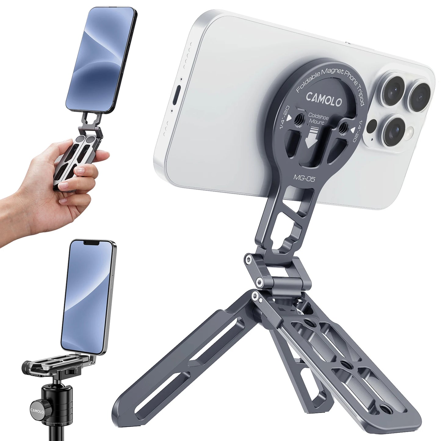 CAMOLO MG-05 Magnetic Phone Holder Magsafe Tripod w/ Arca-Swiss Cold Shoe for Phone Vlog Foldable Desktop Phone Mount for Travel