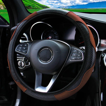 37-38cm Carbon Fiber Style PU Leather Steering Wheel Cover Universal Anti Slip Breathable for Car Interior Decoration