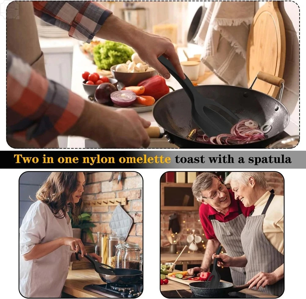 2 In 1 Flip Spatula Tongs Nylon Non Stick Kitchen Gadget Multifunctional EggPancake Fish Omelet French Toast Cooking Making Tool