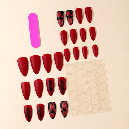 24Pcs Autumn Winter Matte Almond False Nails with Glue Rose Leaf Printing Nail Art Simple Full Cover Press on Acrylic Nails Tips