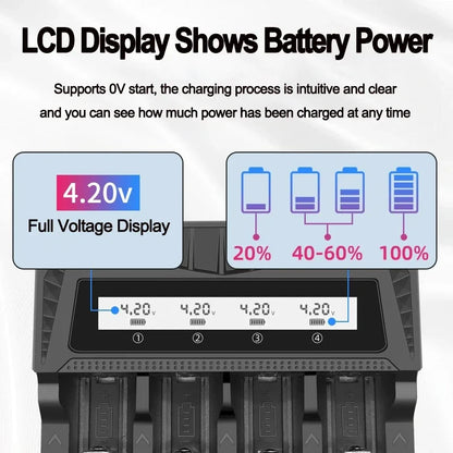 Intelligent LCD Battery Charger USB 4 Slots - Universal Smart Charger for 18650 26650 Li-ion & AA AAA Ni-MH Rechargeable Batteri