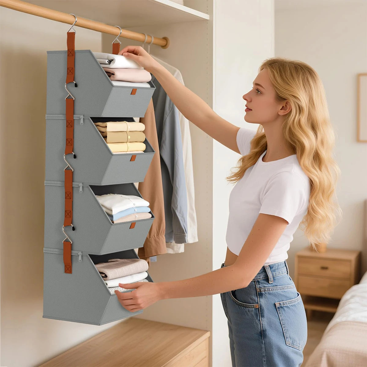 Hanging Closet Organizer 4 Tier - Clothes Hanging Shelves, Space-Saving Closet System, Storage Bins Bedroom Organization