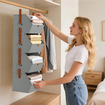 Hanging Closet Organizer 4 Tier - Clothes Hanging Shelves, Space-Saving Closet System, Storage Bins Bedroom Organization