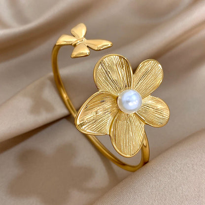 Greatera Stainless Steel Double Flower Cuff Bracelet – Gold Color Waterproof