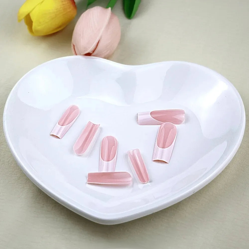 10pcs Handmade Reusable Full Cover Nail Stickers - Square Medium Length French Pointed Pink And White Glossy Press-On Nails