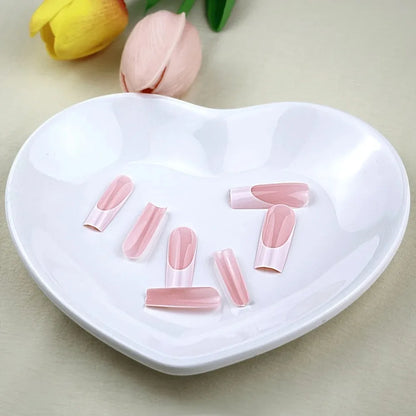 10pcs Handmade Reusable Full Cover Nail Stickers - Square Medium Length French Pointed Pink And White Glossy Press-On Nails