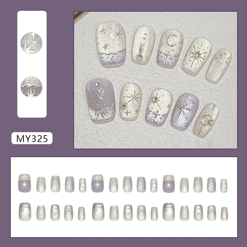 24pcs Romantic Y2k Star Press On Nails Gradient Blue French Style Gold Moon Designs Fake Nail Sweet Almond False Nails For Women