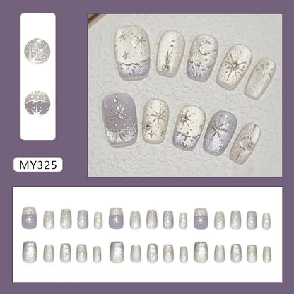 24pcs Romantic Y2k Star Press On Nails Gradient Blue French Style Gold Moon Designs Fake Nail Sweet Almond False Nails For Women