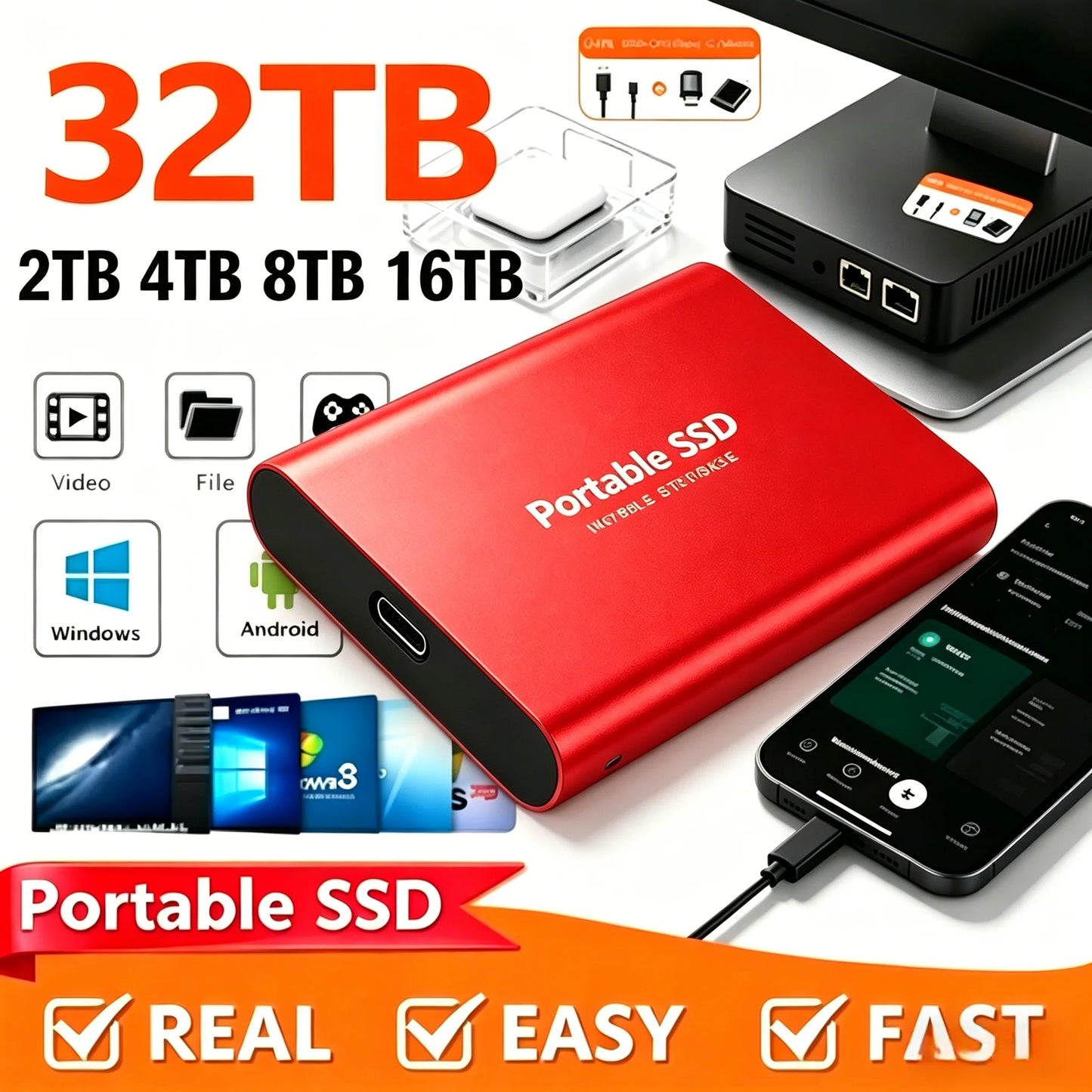 16TB Mass Storage Portable SSD 1TB 2TB 4TB 8TB USB3.2 External Hard Drive High Speed Solid Disk for All Devices