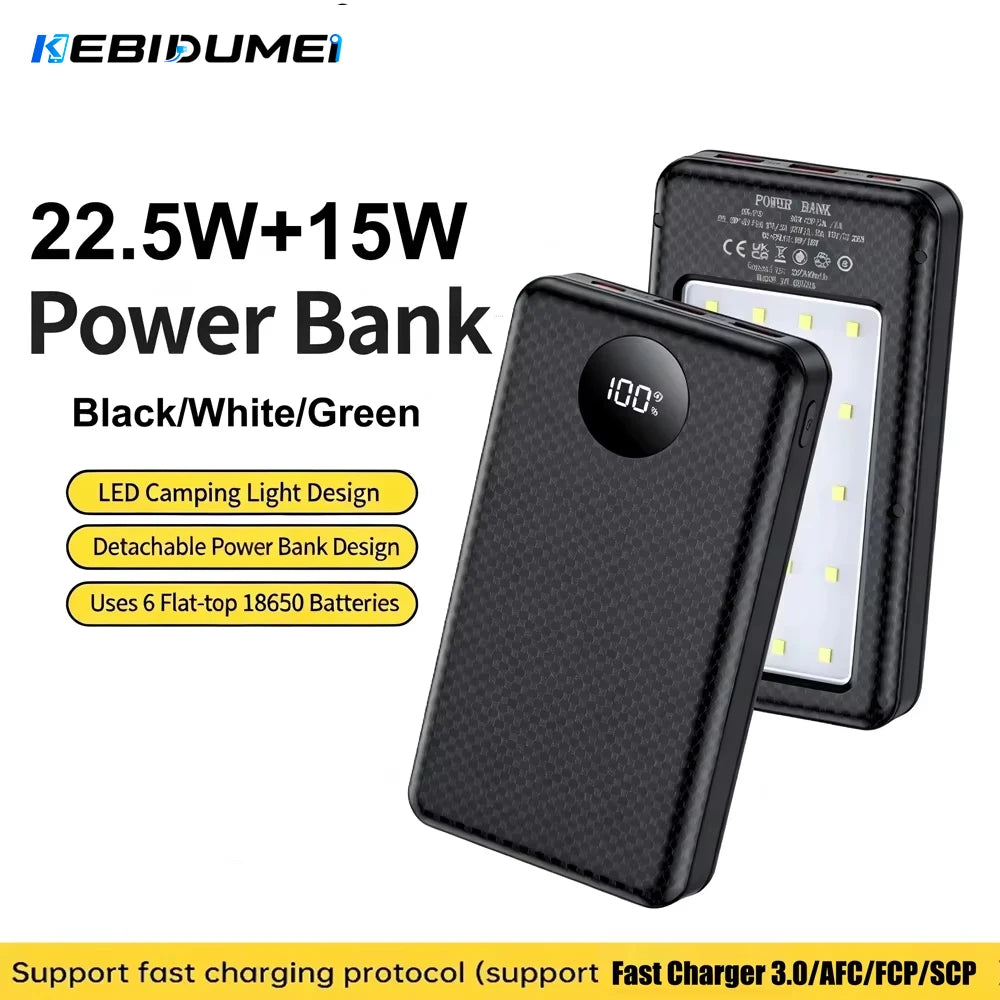 KEBIDUMEI 18650 Battery Power Bank 22.5W+15W Fast Charging Box Dual USB Type C Charging Shell With Camping Light For Phone