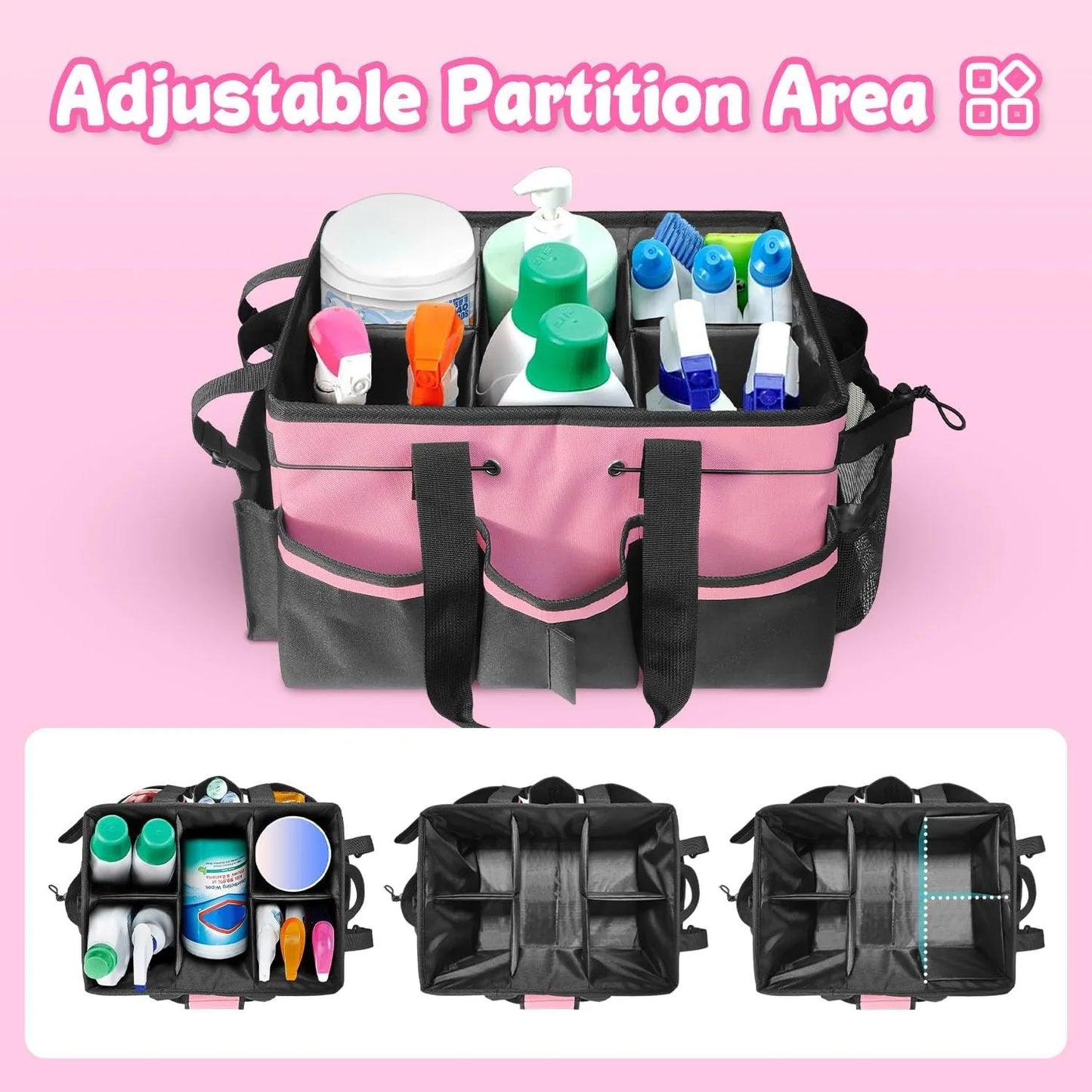 Large Cleaning Caddy Bag with Handle, Built-in Sturdy Support Board,  Multi-compartment Design Cleaning Supply Tote