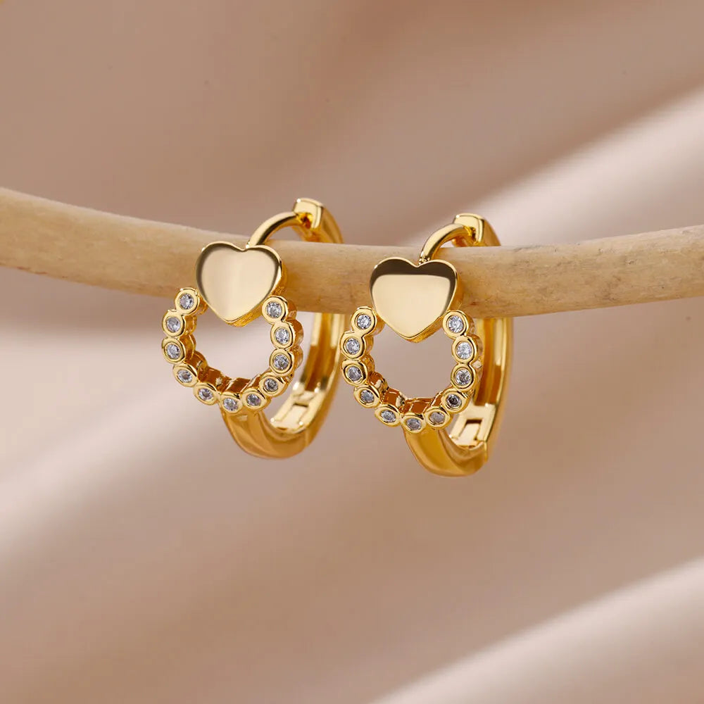 Heart Stainless Steel Earrings for Women – Gold Color Hoop Earring with Zircon, Waterproof & Trendy